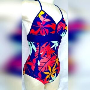 DownEast Blue and Red One Piece Swimwear with Plunging Neckline